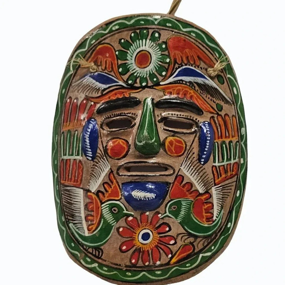 Vtg Mexican Ceramic Hanging Mask Folk Art Hand Made/Painted Native Dancers CHIP - Picture 3 of 10